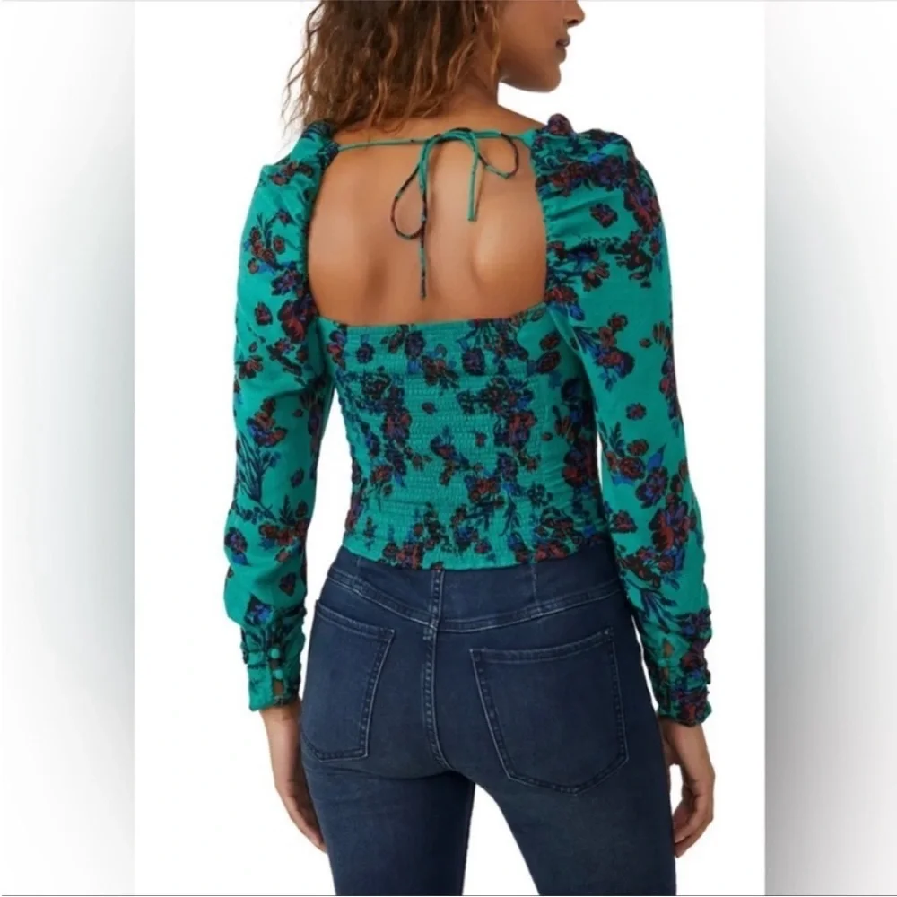 NWT FREE PEOPLE Hilary top shirt size S green combo smocking longsleeve - Picture 2 of 8